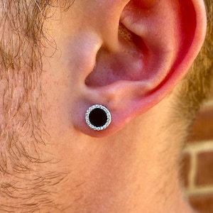 Mens Earrings Round Black Onyx Diamond Stud Earrings for Men, Silver Stud Earrings Onyx Stone Earring - Mens Jewelry - By Twistedpendant