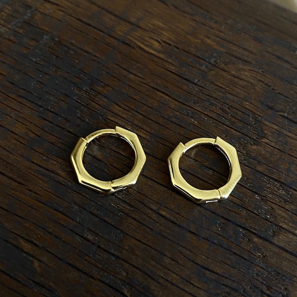 Mini Octagon Hoop Earrings - Mens Earrings - Silver / 18K Gold Huggie Hoop Earrings - Mens Hoop Earrings - Mens Jewelry - By Twistedpendant