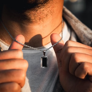 Mens Necklace - Silver rectangle Onyx Pendant - Black Onyx Pendant Necklace For Men - Mens Silver Necklace - Mens Jewellery Gifts