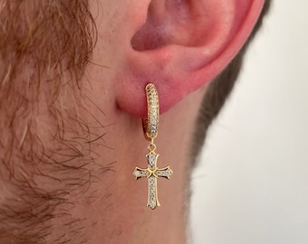 Mens Earrings - 14K Gold Diamond Cross Earring - Mens Earrings - Cross Earrings For Men - Mens Jewelry - Mens Gifts By Twistedpendant