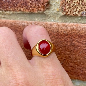 May include: A gold ring with a red oval gemstone.