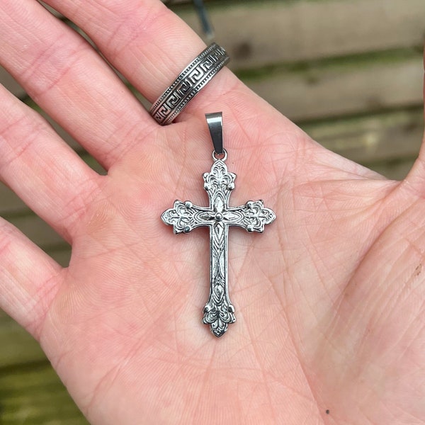 Vintage Silver Cross Necklace - Mens Necklace - Large Cross Necklace Men - Mens Crucifix Pendant Necklace - Cross Chain Pendant Mens Jewelry