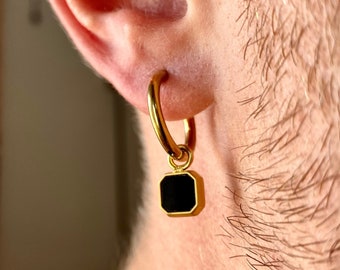 Mens Earrings 18K Gold Dangle Earrings Men Black Onyx Gemstone