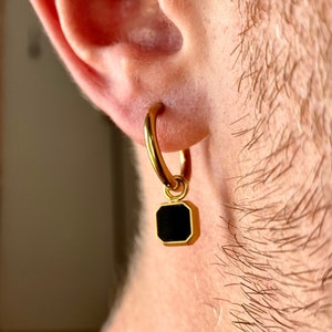 Mens Earrings - 18K Gold Dangle Earrings Men - Black Onyx Gemstone Dangle Earrings - Gold Hoops Men - Mens Jewellery - By Twistedpendant