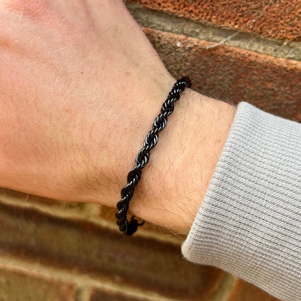 Black 5mm Rope Bracelet Chain - Mens bracelet Chains - Mens Black Bracelet - Thick Rope Chain For Men - Twisted Rope Chain Mens Jewellery