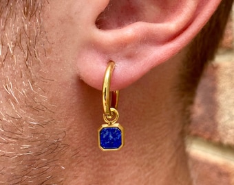 Mens Earrings - Gold Dangle Earrings - Blue Lapis Lazuli Gemstone Dangle Earrings For Men - Gold Hoops Men- Mens Jewelry - By Twistedpendant