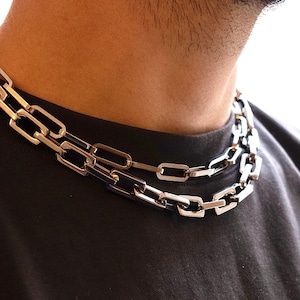 Screw Clasp Mens Silver Chain Necklace 18" Choker Chain Heavy Link Men Twistedpendant Stainless Steel Heavy Link Mens Jewelry