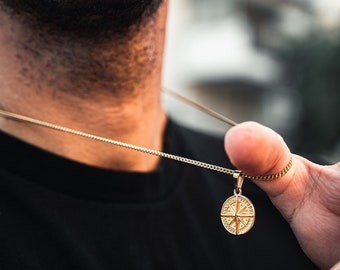18K Gold Necklace, Gold Compass Necklace North Star Pendant, Mens Gold Necklace, Mens Jewelry, Gold Chain Necklace - By Twistedpendant