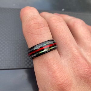 mens ring - Silver & Red Band Ring Opal Fire Styled - Promise Rings for Men - Stainless Steel Ring - Man Jewellery Rings - Men's Gifts UK