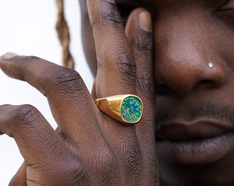 18K Gold Opal Signet Ring Men Mens Ring Gold Signet Ring Large