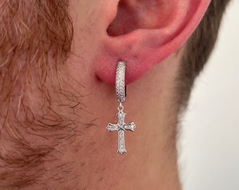 Diamant Kreuz Ohrring - Herren Ohrringe - Silber Kreuz Ohrringe Herren - Diamant Kreuz Ohrring für Männer - Herrenschmuck - Gold Creolen Männer