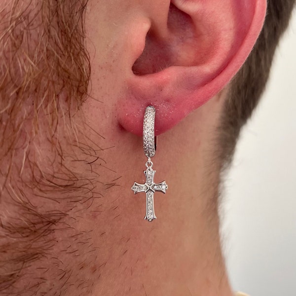 Diamond Cross Earring - Mens Earrings - Silver Cross Earrings Men - Diamond Hoop With Cross Earring for Men - Mens Jewelry - Gold Hoops Men