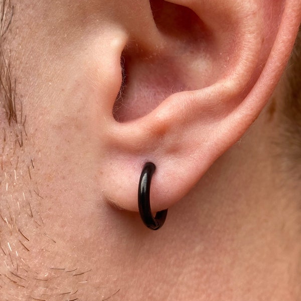 Mens Earrings - Black Hoop Huggie Earrings for Men, Mens Hoop Earrings in Black, Silver Earrings, Tiny Hoop Earring Man, Small Huggie Hoop