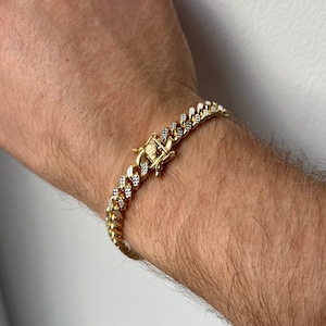Pulseira masculina Miami Chain, pulseira com pavê branco e pirâmide cubana Miami, pulseira masculina de prata, pulseira masculina de prata bicolor dourada - joias masculinas