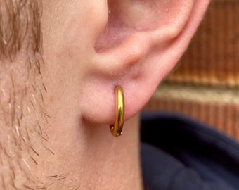 Mens Gold Hoop Earrings - 18k Gold 12mm Mens Mini Huggie Hoop Earrings - Small Hoops Man -  Gold Huggie Stainless Steel - By Twistedpendant