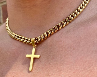 Mens Necklace, 18K Gold Cross Pendant Men, Thick Gold Chain Cross Necklace Mens Jewelry, Crucifix Choker Chain Pendant - By Twistedpendant