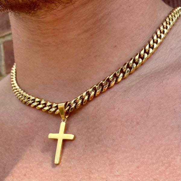 Mens Necklace, 18K Gold Cross Pendant Men, Thick Gold Chain Cross Necklace Mens Jewelry, Crucifix Choker Chain Pendant - By Twistedpendant