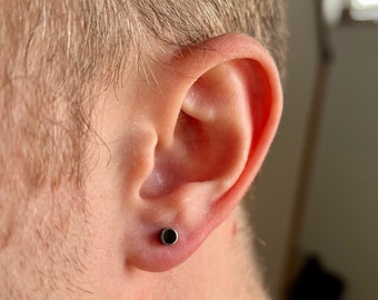 Mens Earrings - Small Silver Stud Earrings - Black Patterned Stud Earrings - Mens Silver Stud Earrings - Mens Jewelry By Twistedpendant