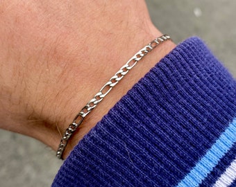Mens Bracelet 3mm Silver Figaro Chain, Silver Bracelet Men