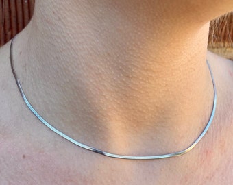 Silver Snake Chain Necklace, 2mm Flat Necklace Silver Snake Chain, Short Silver Chain, Silver Herringbone Chain, Thin Silver Chain