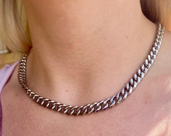 Womens Necklace - Chunky Single Layer Necklace Chain - 8mm Thick Silver Chain Necklace - Silver Cuban Chain For Her - Womens Jewelry Gifts