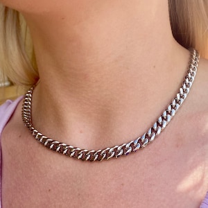 Womens Necklace - Chunky Single Layer Necklace Chain - 8mm Thick Silver Chain Necklace - Silver Cuban Chain For Her - Womens Jewelry Gifts