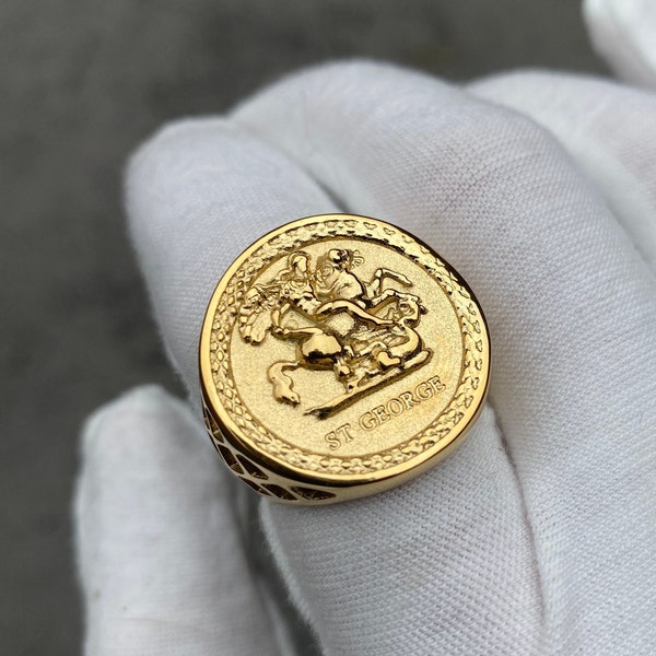 18K Gold Sovereign Ring, St George Ring Men, Gold Signet Ring Men, Mens Ring Gold, Silver Saint George Sovereign Ring Mens Jewellery UK