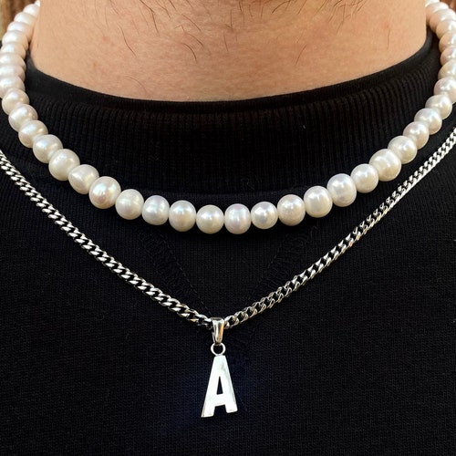 Mens Necklace Silver Initial Pendant 