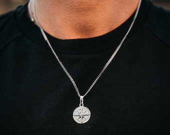 Mens Silver Necklace - Silver Chain Pendant Men - Silver Pendant Necklace For Men - Compass Necklace, Mens Jewelry - By Twistedpendant