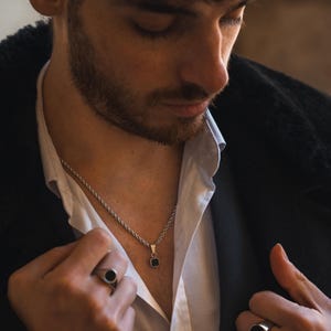 Mens Black Onyx Pendant - Silver Pendant Necklace For Men - Silver Gemstone Necklace - Mens Jewelry - Minimalist Small Silver Onyx Necklace