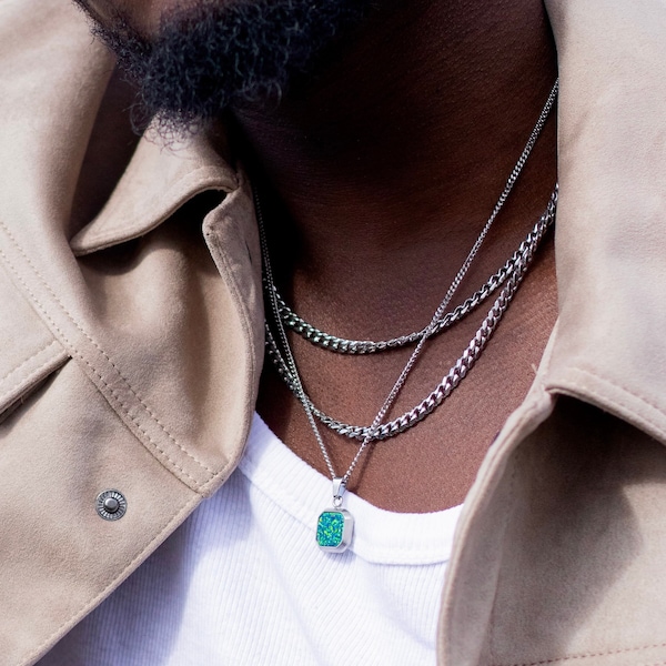 Mens Necklace - Green Opal Pendant Men - Mens Opal Square Necklace - Opal Chain Pendant Necklace For Men - Mens Jewelry By Twistedpendant