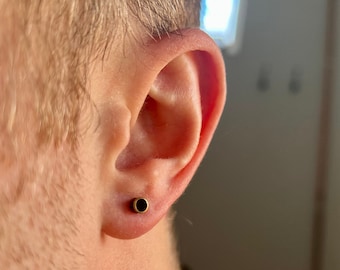 Mens Earrings - Gold Stud Earrings For Men - Black Pattern Mens Stud Earrings - Small Round Stud - Male Earrings - Gifts for Men Earrings