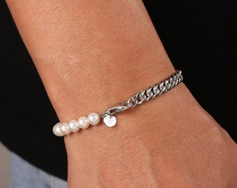 Mens Bracelets, Silver Bracelet Man, Shell Pearl Bracelet Men, Mens Pearl Bracelet, Mens Chain Real Pearl Bead Bracelet, Mens Jewellery
