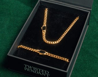 May include: A gold-toned chain necklace and a matching bracelet, both featuring a rectangular black inlay clasp, presented in a black box with the text TWISTED PENDANT printed in white on the front edge of the box interior.