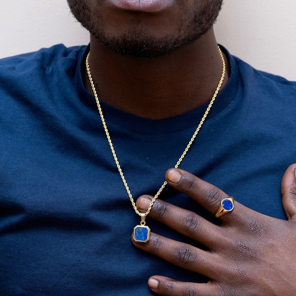Collar para hombres - Collar azul lapislázuli para hombres - Collar colgante de piedras preciosas de oro de 18K - Joyería para hombres Lapislázuli regalos colgantes para hombres / mujeres