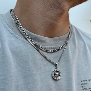 North Star Compass Necklace For Men - Silver Mens Round Chain Pendant - Mens Jewelry - Mens Pendant - Gifts For Him By Twistedpendant