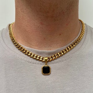 Mens Necklace, 18K Gold Square Gemstone Pendant Necklace For Men, Gold Chunky Chain With Pendant- Black / Gold Pendant Men By Twistedpendant