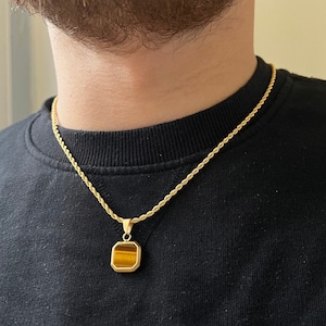 Mens Necklace, 18K Gold Gemstone Pendant Necklace for Men, Mens Gold Tigers Eye Necklace, Mens Jewelry Gifts For Him, Gold Chain Pendant