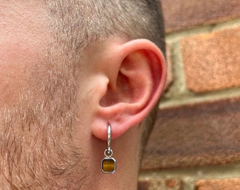 Boucles d'oreilles pour hommes - Boucles d'oreilles pendantes en oeil de tigre - Créoles en argent avec pierres précieuses - Boucles d'oreilles pendantes pour hommes - Par pendentif torsadé