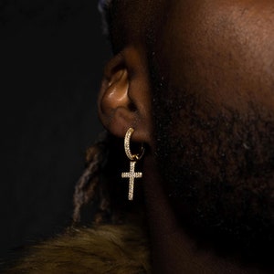 18K Gold Cross Earring - Diamond Cross Earrings For Men - Hoop Cross Dangle Earring - Gold Earrings -Cross Hanging Earring - Mens Jewelry