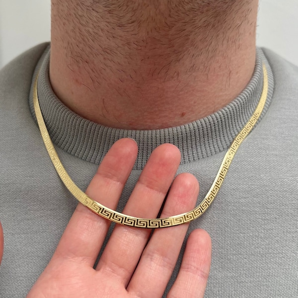 Gold Snake Chain, Gold Flat Snake Mens Chain, 5mm Flat Gold Chain, Gold Greek Key Flat Snake Chain Necklace For Men - Mens Jewellery Gifts