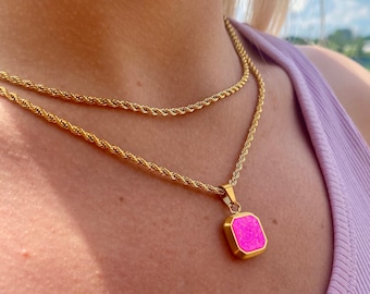 18k Gold Necklace, Gold Simple Dainty Necklace, Hot Pink Opal