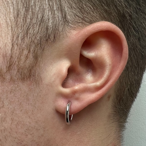 Mens Earrings - 15mm Hoop Earrings Men - Mens Thick Hoop Earrings - Sterling Silver Hoop Earrings - Minimalist Silver Earrings Men Gifts UK