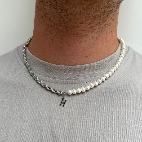 Silver Initial Necklace For Men, Initial Pendant - Silver Rope Chain, Half Pearl Chain With Initial Pendant - Pearl Necklace With Initial