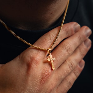 Mini Gold Vintage Cross Necklace For Men - Gold Cross Chain Pendant - 925 Silver Cross With Chain - Mens Jewelry - Mens Necklace Gift UK