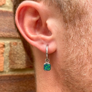 Mens Earrings - Silver Dangle Earrings Men - Opal Earrings Men - Green Opal Earrings - Silver Hoops Men - Mens Jewelry - By Twistedpendant