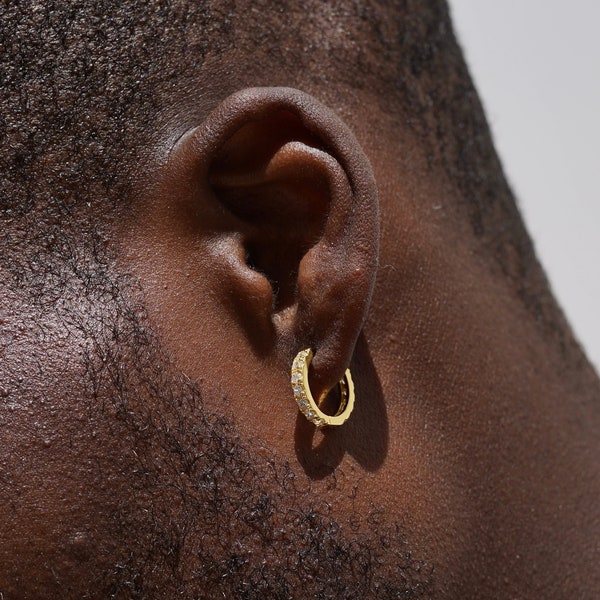 Mens Hoop Earrings - Mens Gold Earrings, Silver Diamond Hoop Earrings - Mini 14K Gold Hoop Earrings Men, Gifts For Him - By Twistedpendant