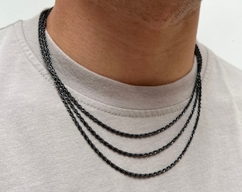 Mens Necklace Black Rope Chain, Black Chain Necklace 2.5mm, Mens Black Chain, Black Chain For Men, Mens Jewellery - By Twistedpendant
