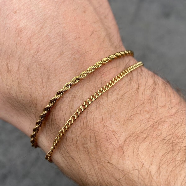 18K Gold Bracelet Men, Mens Bracelet 2.5mm Rope Chain, Thin Gold Bracelet Cuban Link, Gold Bracelet Chains for Men - By Twistedpendant