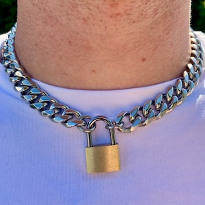 Padlock Necklace Choker Silver & Gold Padlock - Mens Necklace Chain 18" Choker Chain For Men, Mens Choker Necklace - By Twistedpendant